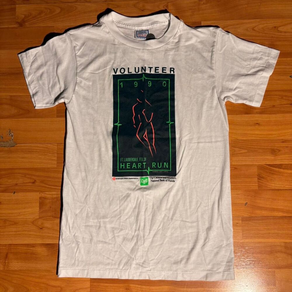 Vintage 1990 Heart Run Single Stitch White Tee Size M Running Race